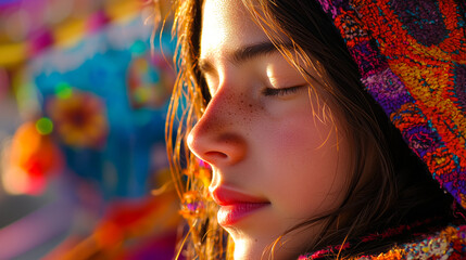 Teen Girl Finding Peace in a Colorful Festival Tent.
