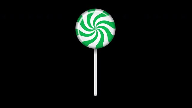 Lollipop on stick animation. Sweet candy animation. Animation for new years day, winter holiday, dessert, new years event. Transparent background with alpha channel