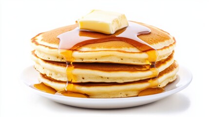 A stack of fluffy, golden pancakes topped with a pat of melting butter, Each pancake&rsquo;s light texture and appealing appearance captured with precision