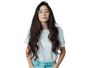 Stylish young woman in white t-shirt and glasses with confident expression on transparent background