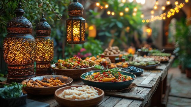 Outdoor Middle Eastern buffet feast, lanterns, garden party