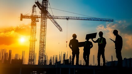 Construction Workers Silhouetted Against Sunset Crane