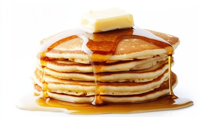 A stack of fluffy, golden pancakes topped with a pat of melting butter, Each pancake’s light texture and appealing appearance captured with precision