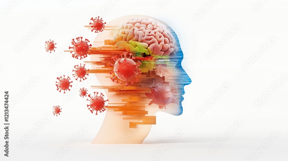 Poster conceptual illustration of brain function and virus interaction in modern health challenges