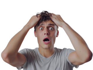Shocked young man in gray t-shirt grabbing his head with mouth open on transparent background