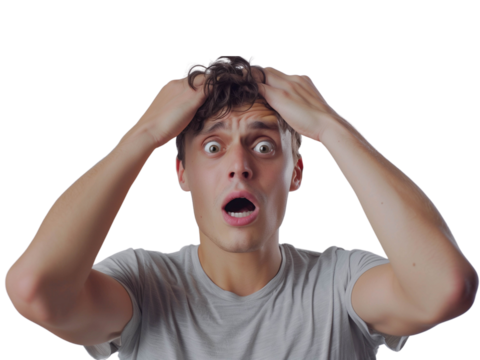 Shocked young man in gray t-shirt grabbing his head with mouth open on transparent background