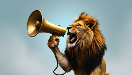 majestic lion roaring on a megaphone isolated marketing advertisement concept