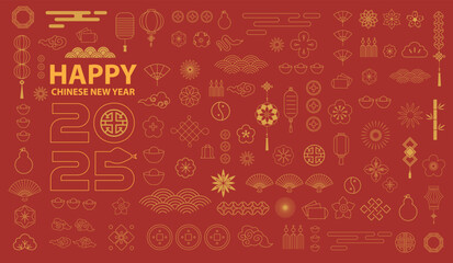 Happy New Year 2025 logo text design in Chinese style with line art vector. Snake zodiac sign, symbol of 2025. 

