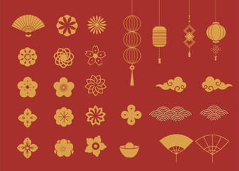 Chinese New Year Icons vector set. 
Wave, flower,lantern, fan, coin, firework, icons of Asian Lunar New Year holiday decoration vector.
