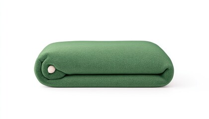 Soft green blanket neatly rolled up, showcasing texture and color against a clean white background