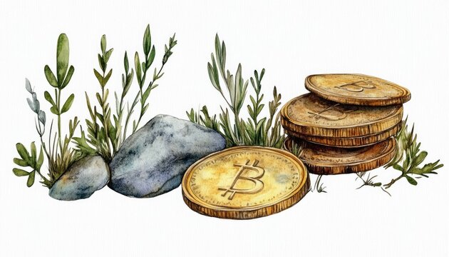 A serene illustration of Bitcoin coins resting among lush greenery and stones, symbolizing digital wealth and nature