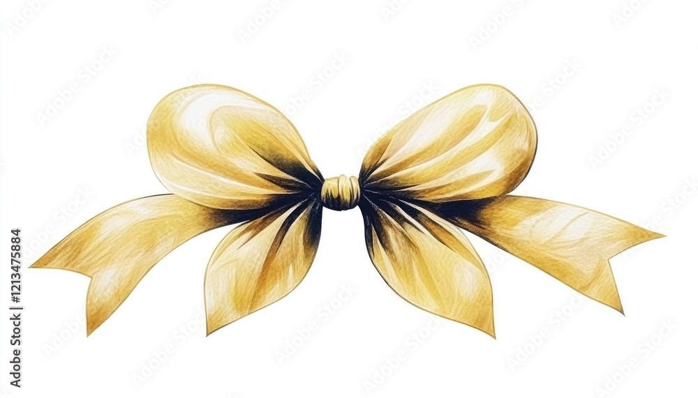 Wall mural Elegant golden bow with flowing ribbons, ideal for gift wrapping or festive decorations on a white background