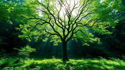 Obraz premium Bright sunlight filters through the vibrant green leaves of a majestic tree in a serene forest, creating a tranquil and inspiring natural scene.