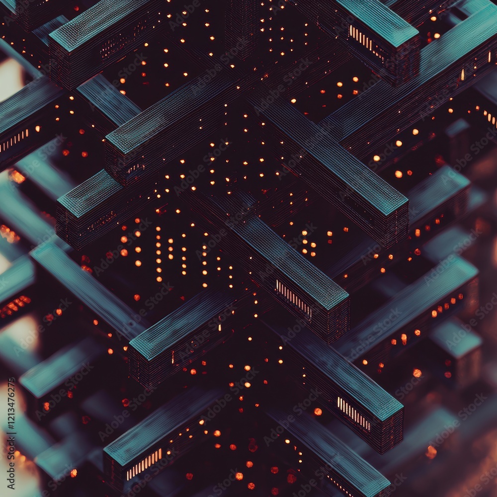 Aufkleber abstract 3d render dark blue geometric shapes illuminated grid tech background