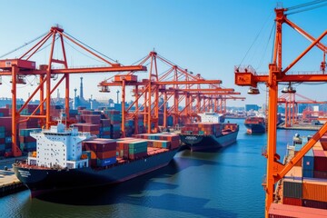 Fototapeta premium Aerial View of Busy Container Port Featuring Colorful Cargo Ships and Huge Cranes Under Clear Blue Sky in a Modern Shipping Industry Setting