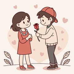 Valentine day girl and boy have a rose in hand