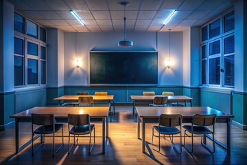 Fototapeta premium A silent classroom at night. A study in darkness, illuminated by an artwork. Photography captures the moment.