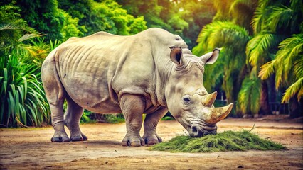 Fototapeta premium A white rhino at the Miami Safari Zoo, vintage image.