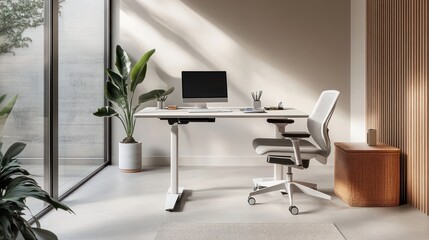 Modern Minimalist Home Office Workspace with Ergonomic Chair and Standing Desk