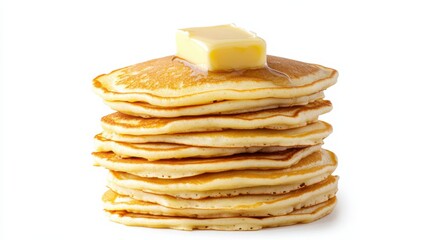Fototapeta premium A stack of golden, fluffy pancakes topped with a pat of melting butter, Each pancake’s airy texture and warm hue captured with precision