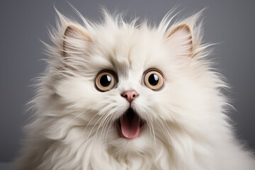 A fluffy white Persian cat with a comically surprised expression, mouth slightly open, and wide eyes