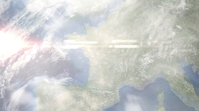 Earth zoom in from space and focus on Poitiers, France. Background for travel blog or intro. Satellite view. 3D style animation. Images from NASA.