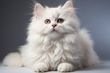 A fluffy white Persian cat with a comically surprised expression, mouth slightly open, and wide eyes