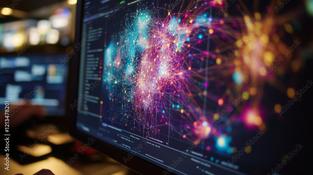 Poster A close-up view of a computer screen displaying intricate data network visualizations. The colorful connections represent vast information flows, reflecting advanced technology used in data analysis.