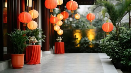 Fototapeta premium Vibrant Asian Lanterns Decorate a Serene Outdoor Space with Lush Greenery and Elegant Arrangements
