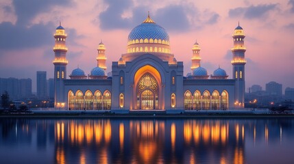 Obraz premium Illuminated Mosque Dusk Cityscape Reflection Travel