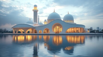 Naklejka premium Illuminated Mosque Reflecting in Calm Water at Dusk