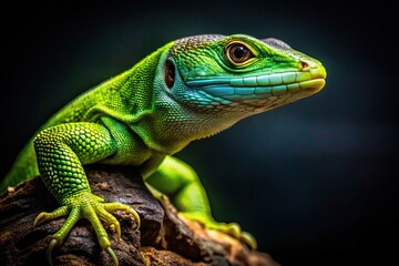 Fototapeta premium AI-created image: green lizard, dark backdrop, low light.