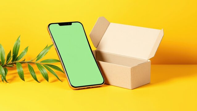 Modern Smartphone Displaying Green Screen Beside Open Cardboard Box and Tropical Leaf on Vibrant Yellow Background for Creative Technology Concept - Powered by Adobe