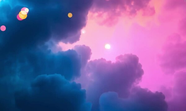Dreamlike pink and blue cloudscape with bokeh effect.
