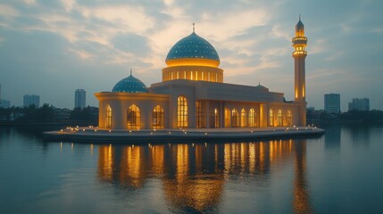 Illuminated mosque, lake reflection, city skyline, dusk