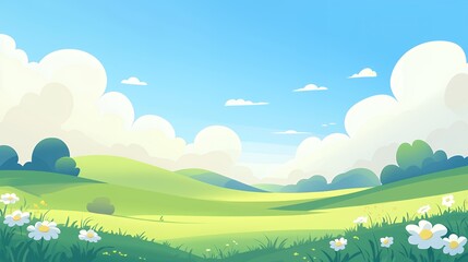 Fototapeta premium Serene Summer Meadow Landscape: Rolling Hills, Blue Sky, and Daisies
