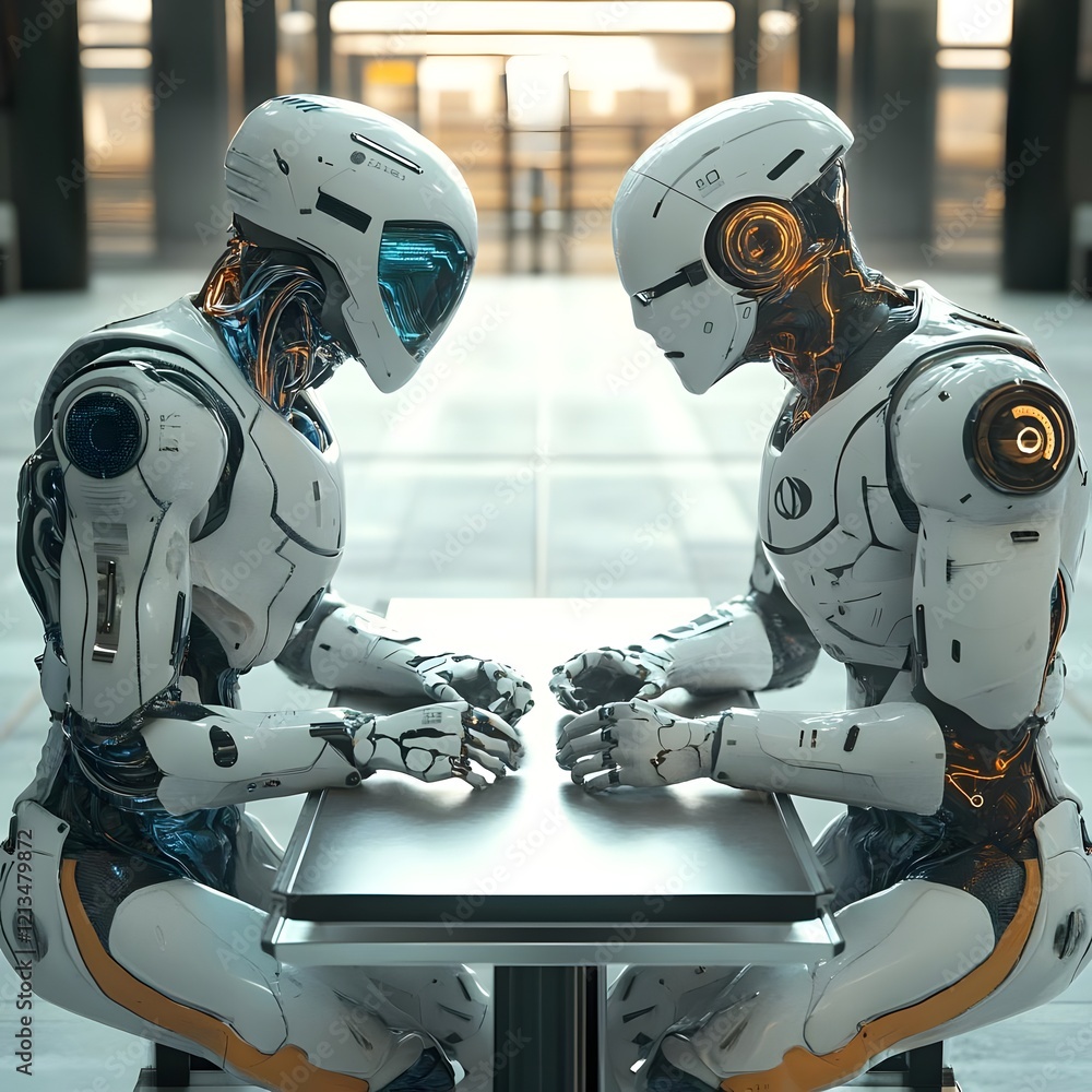 Aufkleber two humanoid robots sit across from each other at a table, engaged in a thoughtful interaction.