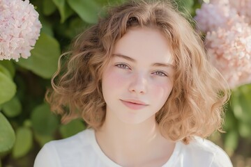 Naklejka premium Serene Portrait Of A Young Woman With Freckles Among Pink Hydrangeas