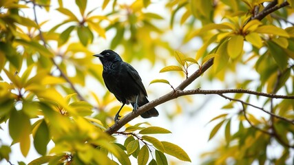 Obraz premium Black Bird on Yellow-Black Tree Branch - AI Art