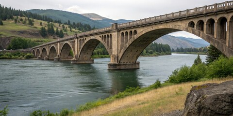 Fototapeta premium Arched stone bridge spanning Columbia River, scenic bridges, river currents, old stone bridges