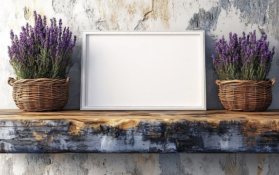 Blank frame mockup with lavender in rustic setting.