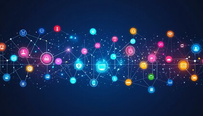 Colorful Digital Network Icons on Dark Background