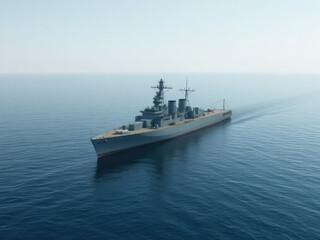 Obraz premium Battleship at rest in calm open sea without sailors, serenity, calm waters