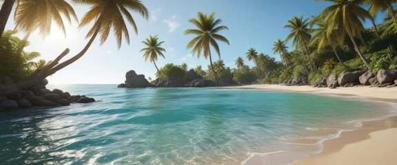 Fototapeta premium Beach with a coral reef in the background and palm trees lining the shore , beach, ocean