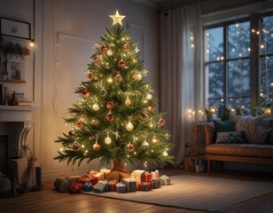 beautifully decorated Christmas tree with fairy lights and ornaments, cozy home decor, tree lighting, magical ambiance
