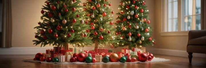 Beautifully styled Christmas tree with red and green glass ornaments on a soft, warm glow, festive, glowing lights