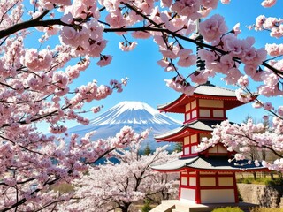 Beautiful view of Mt Fuji and the Peace Pagoda surrounded by cherry blossoms in full bloom on a sunny spring day, tranquil, cherry blossoms, peaceful