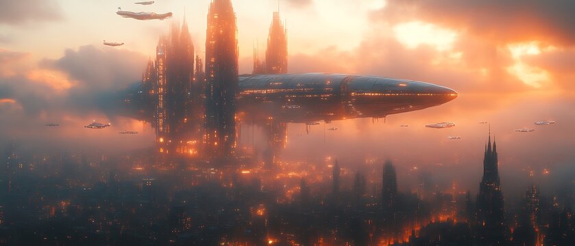 Futuristic city with flying ship at sunset. - Powered by Adobe