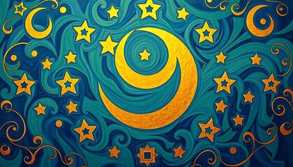 Fototapeta premium Golden Crescent Moon and Stars Night Sky Painting