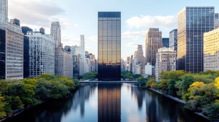 Naklejka premium City skyline reflecting in tranquil park pond at sunrise. Ideal for travel brochures